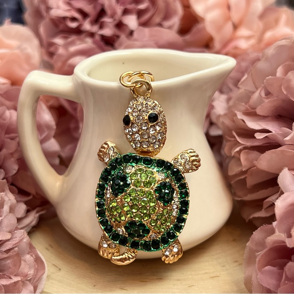 Green and Silver Crystal Turtle Keychain Charm - Picture 2 of 16